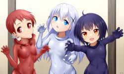 Rule 34 | 3girls, :d, ahoge, black hair, blue eyes, bodysuit, breasts, character request, claw pose, commentary request, covered navel, flat chest, gochuumon wa usagi desu ka?, hair ornament, hairclip, halloween, highres, hood, hood down, hooded bodysuit, j.c.14, long hair, looking at viewer, low twintails, multiple girls, open mouth, red eyes, red hair, short hair, small breasts, smile, twintails, white hair, yellow eyes, zentai