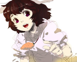 Rule 34 | 1girl, :d, brown hair, carrot, inaba tewi, jewelry, open mouth, pendant, pointing, pointing at viewer, purple eyes, red eyes, short hair, sketch, smile, solo, teeth, tlman, touhou