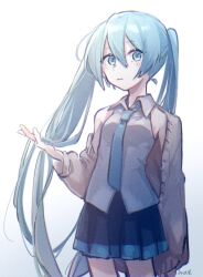 Rule 34 | 1girl, aqua eyes, aqua hair, aqua nails, aqua necktie, artist name, bare shoulders, black skirt, brown cardigan, cardigan, commentary, cowboy shot, expressionless, film grain, grey shirt, hatsune miku, highres, holding, holding hair, long hair, looking at viewer, mi no take, miniskirt, necktie, open cardigan, open clothes, parted lips, pleated skirt, shirt, skirt, sleeveless, sleeveless shirt, solo, standing, twintails, very long hair, vocaloid, white background