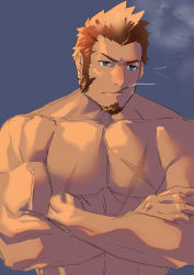 Rule 34 | 1boy, bara, beard, biceps, blue eyes, brown hair, crossed arms, facial hair, fate/grand order, fate (series), highres, large pectorals, long sideburns, looking to the side, male focus, manly, monmonhomon, muscular, napoleon bonaparte (fate), pectorals, scar, simple background, sketch, smoke, smoking, solo, upper body, veins