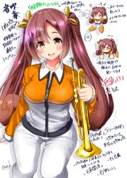 Rule 34 | 1girl, :d, breasts, brown eyes, brown hair, chibi, collarbone, collared jacket, copyright request, flying sweatdrops, hair between eyes, hair ribbon, hand up, heart, highres, holding, holding instrument, instrument, jacket, jikkyou powerful pro yakyuu, long hair, long sleeves, looking at viewer, medium breasts, mokufuu, open mouth, pants, power pro appli, ribbon, shadow, signature, simple background, sleeves past wrists, smile, spoken heart, teeth, translation request, trumpet, twintails, upper teeth only, very long hair, white background, white jacket, white pants, yellow ribbon
