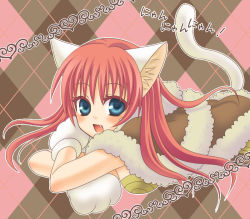 Rule 34 | 1girl, :d, animal ears, animal hands, argyle, argyle background, argyle clothes, blue eyes, blush, brown background, brown cape, brown dress, cape, cat day, cat ears, cat girl, cat tail, commentary request, crossed arms, dress, fang, fur-trimmed cape, fur trim, gloves, hair between eyes, high wizard (ragnarok online), kemonomimi mode, long hair, looking at viewer, lying, nia (littlestars), on stomach, open mouth, paw gloves, pink background, pink hair, ragnarok online, smile, solo, tail, translation request, upper body