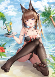Rule 34 | 1girl, absurdres, amagi (azur lane), animal ears, arm at side, arm support, azur lane, bare shoulders, beach, bikini, bikini skirt, black bikini, black choker, black panties, black thighhighs, blue sky, blunt bangs, breasts, brown hair, cameltoe, chinese commentary, choker, cleavage, cloud, cloudy sky, collarbone, commentary request, day, drink, drinking straw, eyebrows, feet, flower, food, fox ears, fox girl, frilled bikini, frilled skirt, frills, fruit, full body, hair flower, hair intakes, hair ornament, halterneck, hibiscus, highres, holding, holding tray, horizon, huge filesize, ice, ice cube, kitsune, knees together feet apart, knees up, lemon, lemon slice, long hair, looking at viewer, medium breasts, miniskirt, nail polish, no shoes, ocean, one side up, open mouth, outdoors, palm tree, panties, pantyshot, purple eyes, reclining, red flower, red nails, sand, short eyebrows, sidelocks, sitting, skirt, sky, soles, solo, swimsuit, teeth, thick eyebrows, thighhighs, tiyu, toenail polish, toenails, toes, tray, tree, tropical drink, underwear, upper teeth only, water, white flower