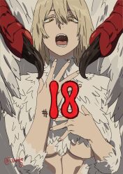 Rule 34 | 1girl, breasts, chimera, dungeon meshi, falin touden, falin touden (chimera), fangs, feathers, highres, looking at viewer, monster girl, open mouth, promotional art, short hair, solo, spoilers, talons, tamura eimi, underboob, upper body, white feathers, yellow eyes