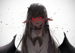 Rule 34 | 1girl, :d, bad id, bad pixiv id, blood, blush, choker, earrings, fangs, grey hair, hair ornament, highres, jewelry, long hair, looking at viewer, open mouth, original, pointy ears, red eyes, sd bigpie, smile, solo, wings