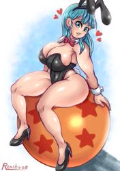 Rule 34 | 1girl, absurdres, alternate breast size, animal ears, aqua hair, arm support, artist name, ass, bare legs, bare shoulders, black leotard, blue eyes, blush, breasts, bulma, cleavage, covered navel, curvy, detached collar, dragon ball, dragon ball (object), fake animal ears, female focus, full body, heart, highleg, highleg leotard, highres, huge ass, large breasts, leotard, lips, long hair, looking at viewer, oversized object, playboy bunny, rabbit ears, shiny clothes, shiny skin, simple background, sitting, smile, solo, thick thighs, thighs, tonshirou (christar), very long hair