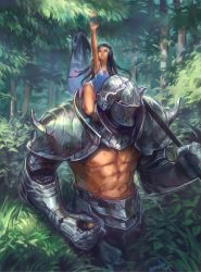 Rule 34 | 1boy, 1girl, abs, arm up, armor, artist name, bindle, black hair, blue dress, dark-skinned male, dark skin, day, dress, forest, gauntlets, giant, glowing, glowing eye, helmet, highres, long hair, looking up, nature, nishiki areku, original, outdoors, outstretched arm, parted lips, plant, reaching, reaching towards viewer, size difference, sleeveless, sleeveless dress, topless male, very long hair, yellow eyes