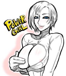 Rule 34 | 1girl, areola slip, blue eyes, breasts, cleavage, cleavage cutout, clothing cutout, dc comics, female focus, large breasts, monochrome, murata (acid-head), power girl, short hair, solo, spot color