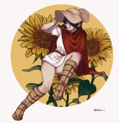Rule 34 | ancient greek clothes, arm up, black hair, blue eyes, boots, brown footwear, brown headwear, cape, capelin s, flower, gender request, greco-roman clothes, hair over one eye, highres, leaf, looking at viewer, original, parted lips, plant, red cape, shadow, short hair, short sleeves, solo, yellow background, yellow flower
