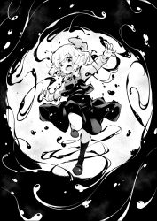 Rule 34 | 1girl, ascot, black dress, commentary request, darkness, dress, fang, greyscale, highres, long sleeves, monochrome, open mouth, outstretched arms, rumia, shirt, shoes, short hair, skirt, solo, tanasuke, touhou