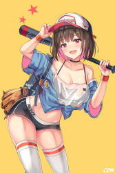 Rule 34 | 1girl, :d, artist name, badge, bag, bare shoulders, baseball bat, baseball cap, baseball glove, bikini, bikini top only, bikini under clothes, black bikini, black choker, black shorts, blue jacket, breasts, brown hair, buttons, camisole, cenangam, choker, cleavage, collarbone, commentary, cowboy shot, crop top, cropped jacket, dolphin shorts, fang, hair ornament, hairclip, hand on headwear, hands up, hat, head tilt, holding, jacket, leaning forward, looking at viewer, medium breasts, micro shorts, multicolored hair, navel, off shoulder, open mouth, original, pink hair, red eyes, see-through, shirt, short hair, short sleeves, shorts, simple background, smile, solo, standing, star (symbol), stomach, swimsuit, thighhighs, thighs, two-tone hair, white shirt, white thighhighs, wristband, yellow background