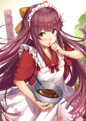 Rule 34 | 1girl, :d, alternate costume, apron, blurry, blurry background, blush, bow, bowl, chocolate, closed mouth, collarbone, floating hair, hair bow, headdress, highres, holding, holding bowl, ichikawa feesu, japanese clothes, kamikaze (kancolle), kantai collection, kimono, light particles, long hair, looking at viewer, maid apron, maid headdress, open mouth, pink skirt, purple eyes, purple hair, red kimono, ribbon, sidelocks, skirt, sleeves rolled up, smile, solo, thumb to mouth, very long hair, whisk, white background, yellow bow, yellow ribbon