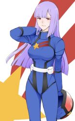 1girl belt_pouch breasts cowboy_shot gundam gundam_zz helmet highres lips long_hair looking_at_viewer medium_breasts pilot_suit pouch purple_hair red_eyes roux_louka science_fiction smile solo star_(symbol) star_print takagi_shuei unworn_headwear unworn_helmet white_background