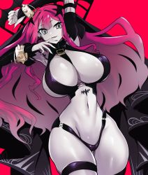 Rule 34 | 1girl, absurdres, armpits, black thighhighs, breasts, circlet, colored skin, detached sleeves, earrings, baobhan sith (fate), baobhan sith (second ascension) (fate), fang, fate/grand order, fate (series), fingernails, grey eyes, grey skin, highres, huge filesize, jewelry, large breasts, long hair, nail polish, navel, pink hair, psyche oreca, red background, red nails, revealing clothes, sharp fingernails, simple background, solo, thigh strap, thighhighs, thighs