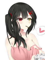 Rule 34 | 1girl, absurdres, alternate costume, black hair, blush, breasts, cleavage, clock eyes, date a live, food, heart, heterochromia, highres, kuang sande tiangou, large breasts, long hair, nail polish, off shoulder, pink nails, playstation controller, pocky, red eyes, solo, spoken heart, strap slip, symbol-shaped pupils, tokisaki kurumi, white background