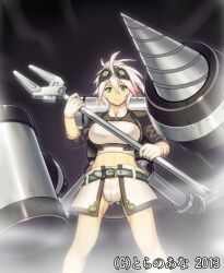 Rule 34 | 1girl, adjustable wrench, backpack, bag, belt, breasts, dark background, dated, drill, frown, gloves, goggles, goggles on head, green eyes, hair between eyes, harem gain, jonylaser, large breasts, midriff, short hair, standing, watermark, white gloves, white hair, wrench