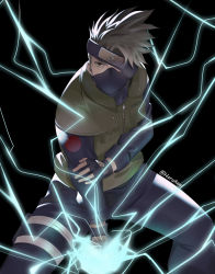 Rule 34 | 1boy, artist name, black background, black gloves, black mask (clothing), commentary request, commission, electricity, electrokinesis, fingerless gloves, forehead protector, gloves, grey hair, harukagi, hatake kakashi, konohagakure symbol, lightning, long hair, long sleeves, looking at viewer, male focus, mask, mouth mask, naruto, naruto (series), ninjutsu, simple background, solo, spiked hair