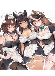 Rule 34 | 3girls, absurdres, alternate costume, animal ears, aqua eyes, bare shoulders, between breasts, black hair, black pantyhose, bow, breasts, brown hair, choker, cleavage, dress, enmaided, fishnet thighhighs, fishnets, frilled dress, frills, green bow, highres, horse ears, horse girl, horse tail, large breasts, long hair, looking at viewer, maid, maid headdress, multicolored hair, multiple girls, narusawa (njzc2582), necktie, necktie between breasts, one eye closed, pantyhose, purple eyes, red eyes, simple background, sirius symboli (umamusume), streaked hair, symboli kris s (umamusume), symboli rudolf (umamusume), tail, thigh strap, thighhighs, umamusume, very long hair, white background, white hair, white wrist cuffs, wrist cuffs