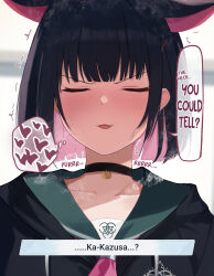 Rule 34 | 1girl, alternate language, animal ears, black choker, black hair, black jacket, blue archive, blunt bangs, blunt ends, blush, bob cut, breath, cat ears, choker, closed eyes, collarbone, colored inner hair, commentary request, dialogue options, dio nand, embarrassed, english text, extra ears, facing viewer, gameplay mechanics, hair ornament, hairclip, half-closed eyes, halo, happy, heart, heavy breathing, highres, hood, hooded jacket, jacket, kazusa (blue archive), multicolored hair, neckerchief, parted lips, pink hair, pink neckerchief, portrait, short hair, solo, speech bubble, spoken blush, spoken heart, trembling, two-tone hair, user interface, v-shaped eyebrows