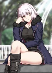 Rule 34 | 1girl, ahoge, black dress, black footwear, blue jacket, blurry, blurry background, boots, breasts, brown eyes, commentary request, crossed legs, day, depth of field, dress, enchuu, fate/grand order, fate (series), feet out of frame, fountain, fur-trimmed sleeves, fur trim, head tilt, highres, jacket, jeanne d&#039;arc (fate), jeanne d&#039;arc alter (fate), jeanne d&#039;arc alter (ver. shinjuku 1999) (fate), jewelry, knee boots, long hair, long sleeves, looking at viewer, medium breasts, necklace, official alternate costume, open clothes, open jacket, outdoors, parted lips, pendant, simple background, sitting, smile, solo, thighs, water