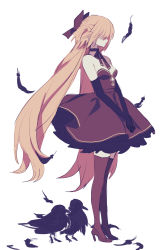 Rule 34 | 1girl, absurdres, bird, blonde hair, boots, bow, choker, crow, dress, facing to the side, gloves, hair bow, high heel boots, high heels, highres, koyashaka, liss meier (koyashaka), long hair, looking to the side, original, sleeveless, sleeveless dress, solo, very long hair, white background, yellow eyes