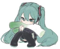 Rule 34 | 1girl, aqua eyes, aqua hair, black footwear, black skirt, black sleeves, boots, chibi, chibi only, food, full body, hair between eyes, hair ornament, hatsune miku, highres, holding, holding food, holding spring onion, holding vegetable, knees together feet apart, knees up, long hair, long sleeves, miniskirt, n03+, own hands together, pleated skirt, simple background, sitting, skirt, solo, spring onion, thigh boots, twintails, twitter username, vegetable, very long hair, vocaloid, watermark, white background