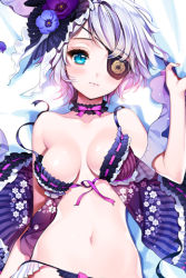 Rule 34 | 1girl, 3:, babydoll, blue eyes, blush, breasts, cherrypin, choker, cleavage, eyepatch, flower, front-tie top, hair ornament, iri flina, lingerie, lowres, navel, open clothes, ribbon, see-through, shiny skin, short hair, silver hair, solo, sword girls, underwear, untied
