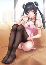 Rule 34 | 1girl, absurdres, arm cuffs, bare shoulders, black hair, blush, breasts, brown eyes, brown thighhighs, ca paria, china dress, chinese clothes, cleavage, cleavage cutout, closed mouth, clothing cutout, commentary request, couch, double bun, dress, feet, fine fabric emphasis, hair bun, hand up, highres, idolmaster, idolmaster shiny colors, indoors, knees up, legs, legs together, long hair, looking at viewer, mayuzumi fuyuko, medium breasts, no shoes, on couch, panties, pink dress, short dress, sitting, sleeveless, sleeveless dress, smile, solo, thighhighs, toes, underwear, white panties