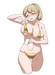 Rule 34 | 1girl, bikini, breasts, cleavage, closed eyes, collarbone, cowboy shot, cropped legs, gold bikini, intrepid (kancolle), kantai collection, large breasts, light brown hair, ponytail, short hair, simple background, solo, swimsuit, tamu (mad works), thigh gap, towel, white background