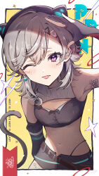 Rule 34 | 1girl, animal ears, bare shoulders, belt, blush, breasts, cat ears, cat tail, cleavage cutout, clothing cutout, gloves, highres, komori met, leaning forward, light brown hair, looking at viewer, mechanical ears, midriff, navel, one eye closed, panty straps, partially fingerless gloves, purple eyes, small breasts, solo, stomach, swept bangs, tail, tongue, tongue out, umeume (totoya), virtual youtuber, vspo!