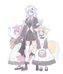 Rule 34 | 3girls, alternate costume, animal ear fluff, animal ears, anklet, apron, arknights, basket, black coat, black dress, black footwear, blonde hair, blue eyes, blush, chinese commentary, closed mouth, coat, collar, commentary request, dress, enmaided, fox ears, fox girl, fox tail, giving up the ghost, green eyes, hair ornament, hairclip, holding, holding basket, infection monitor (arknights), jewelry, lappland (arknights), long dress, long hair, long sleeves, maid, maid apron, maid headdress, mary janes, morte (arknights), multiple girls, one eye closed, open mouth, pink eyes, pink hair, puffy long sleeves, puffy sleeves, red medicine, scar, scar across eye, shamare (arknights), shoes, short dress, short hair, simple background, smile, standing, stuffed wolf, suzuran (arknights), tail, white apron, white background, white hair