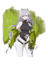 Rule 34 | 1girl, animal ears, asymmetrical clothes, asymmetrical pants, bare shoulders, black leotard, braid, breasts, clothes pull, commentary request, cowboy shot, fingerless gloves, girls&#039; frontline, gloves, green background, green eyes, green jacket, grey hair, highres, jacket, jacket pull, ksvk (girls&#039; frontline), leotard, long hair, looking at viewer, mechanical arms, medium breasts, pandea work, ribbed leotard, signature, single mechanical arm, solo, standing, title, unfinished