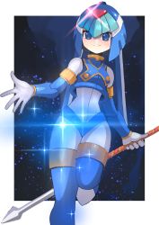 Rule 34 | 1girl, android, blue eyes, blue footwear, blue headwear, bodysuit, boots, border, breasts, closed mouth, commentary request, glint, helmet, highres, holding, holding polearm, holding weapon, leg up, fairy leviathan (mega man), looking at viewer, mega man (series), mega man zero (series), outside border, polearm, small breasts, smile, solo, sparkle, spear, split mouth, standing, standing on one leg, tesshii (riza4828), thigh boots, weapon, white border