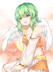 Rule 34 | 1girl, :d, bai li ji yun, bare shoulders, chinese commentary, commentary, crop top, detached sleeves, feathered wings, green eyes, green hair, green nails, gumi, highres, looking at viewer, medium hair, mixed-language commentary, nail polish, open mouth, smile, solo, vocaloid, white wings, wings