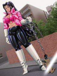 Rule 34 | 1boy, 1girl, ball gag, black hair, black pants, bondage mittens, boots, braid, braided bangs, breasts, brown eyes, censored, chain, cleavage, commission, dark-skinned female, dark skin, dominatrix, earrings, enkaboots, gag, gagged, gagged male, giant, giantess, gimp mask, gloves, hair intakes, hair pulled back, high collar, high heels, highres, hoop earrings, jacket, jewelry, knee boots, large breasts, latex pants, leash, lips, long hair, mask, o-ring, original, outdoors, pants, shiny clothes, size difference, very long hair, white footwear, white gloves
