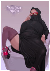 Rule 34 | 1girl, adjusting eyewear, artist name, breasts, brown eyes, burqa, christian louboutin (brand), commentary, covered mouth, dark-skinned female, dark skin, english commentary, eyebrows, forehead, glasses, high heels, highres, hijab, huge breasts, leg up, looking at viewer, lying, mixed-language commentary, muslim, nigaw, niqab, on back, on bed, original, paid reward available, pinup (style), platform footwear, platform heels, plump, red-framed eyewear, red soles, see-through, see-through legwear, shoes, solo, spread legs, stiletto heels, thick thighs, thighhighs, thighs, veil