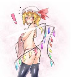 Rule 34 | !, 1girl, ^^^, ass, black thighhighs, blonde hair, blush, convenient censoring, cowboy shot, flandre scarlet, from behind, hat, hat ribbon, looking back, mob cap, open mouth, ototobe, panties, red eyes, ribbon, short hair, side ponytail, sketch, solo, sparkle, thighhighs, topless, touhou, underwear, undressing, wings