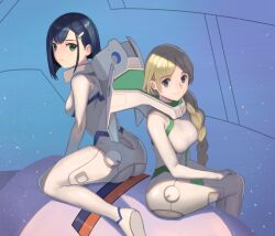 Rule 34 | 2girls, ass, asymmetrical hair, back-to-back, between legs, blonde hair, blue bodysuit, blue eyes, bob cut, bodysuit, braid, braided ponytail, breasts, closed mouth, cockpit, commentary, darling in the franxx, frown, green bodysuit, green eyes, hair ornament, hairclip, hand between legs, hand on own thigh, hood, hood down, ichigo (darling in the franxx), kokoro (darling in the franxx), large breasts, leaning forward, light particles, long hair, looking at viewer, looking back, looking to the side, multiple girls, parted bangs, pilot suit, short hair, single braid, sitting, skin tight, small breasts, smile, tunguu, two-tone bodysuit, very long hair, wariza, white bodysuit