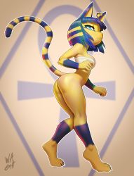 Rule 34 | 1girl, animal crossing, animal ears, animal feet, animal nose, ankha (animal crossing), arched back, artist name, ass, bare shoulders, barefoot, blonde hair, blue eyes, blue fur, blue hair, blunt bangs, blurry, blurry background, bob cut, body fur, bottomless, breasts, cat ears, cat girl, cat tail, chest sarashi, claws, clenched hands, closed mouth, egyptian, eyeliner, fang, fang out, female focus, from side, full body, furry, furry female, hair ornament, half-closed eyes, hand up, highres, kneepits, knees together feet apart, looking at viewer, makeup, medium breasts, multicolored hair, nintendo, orange background, outline, sarashi, short hair, sidelocks, signature, snake hair ornament, snout, solo, standing, tail, tail raised, tiptoes, two-tone fur, two-tone hair, wagadraws, white outline, yellow fur