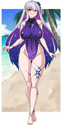 Rule 34 | 1girl, anklet, bare shoulders, barefoot, beach, blue hair, blue one-piece swimsuit, blush, body markings, bracelet, breasts, cleft of venus, covered erect nipples, covered navel, curvy, earrings, fate/grand order, fate (series), flower, full body, gluteal fold, grin, hair flower, hair ornament, hair ribbon, highleg, highleg swimsuit, highres, jewelry, kama (fate), kama (swimsuit avenger) (fate), kama (swimsuit avenger) (third ascension) (fate), large breasts, long hair, looking at viewer, lotus, multicolored hair, muta poo, one-piece swimsuit, red eyes, ribbed swimsuit, ribbon, smile, solo, star (symbol), star earrings, swimsuit, two-tone hair, very long hair, white hair, wide hips