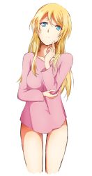 Rule 34 | 10s, 1girl, alternate costume, alternate hairstyle, ayase eli, bare legs, blonde hair, blue eyes, bottomless, collarbone, cropped legs, frown, hair down, hakusen, hakusen (white line), hand on own chin, highres, long hair, long sleeves, love live!, love live! school idol project, naked shirt, pink shirt, shirt, simple background, solo, standing, white background