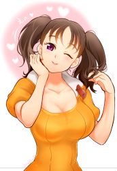 Rule 34 | 10s, 1girl, blush, bodysuit, breasts, brown hair, cleavage, collarbone, diane (nanatsu no taizai), grey hair, twirling hair, hand on own face, head tilt, heart, hip focus, large breasts, leotard, light smile, lips, long hair, looking at viewer, nanatsu no taizai, one eye closed, parted bangs, puffy short sleeves, puffy sleeves, purple eyes, rarako, short hair, short sleeves, short twintails, signature, smile, solo, twintails, upper body