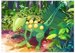 Rule 34 | border, bush, closed mouth, creatures (company), crossed arms, day, forest, full body, game freak, gen 3 pokemon, hazikamiio, highres, nature, nintendo, no humans, outdoors, pokemon, pokemon (creature), sceptile, standing, tree, vegetation