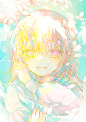 Rule 34 | 1girl, absurdres, blush, cherry blossoms, colorful, crying, crying with eyes open, falling petals, grey sailor collar, hair between eyes, hand up, highres, irodori warabi, long sleeves, looking at viewer, medium hair, open mouth, original, petals, pink eyes, pink hair, portrait, sailor collar, school uniform, shirt, sidelocks, sleeve cuffs, solo, straight-on, tears, white shirt