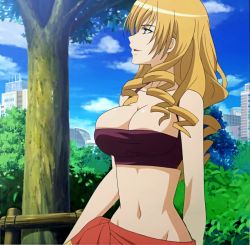 1girl blonde_hair blue_eyes breasts cleavage drill_hair highres large_breasts mature_female medium_hair navel open_mouth oriana_thomason sarong smile stitched tank_top third-party_edit toaru_majutsu_no_index tree