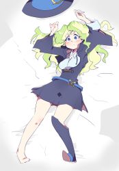 Rule 34 | 1girl, blue eyes, blush, boots, breasts, collared shirt, diana cavendish, hands up, hat, unworn hat, unworn headwear, highres, hys-d, light green hair, little witch academia, long hair, long sleeves, looking at viewer, luna nova school uniform, lying, medium breasts, multicolored hair, on back, school uniform, shirt, single boot, solo, two-tone hair, white shirt, witch, witch hat
