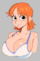 Rule 34 | 1girl, bikini, bikini top only, black eyes, blush, breasts, bursting breasts, embarrassed, female focus, grey background, highres, large breasts, looking to the side, nami (one piece), nezulet, one piece, orange hair, short hair, simple background, solo, swimsuit, tagme