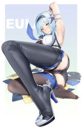 Rule 34 | 1girl, arm up, armpits, ass, ass focus, au11, blue background, blue hair, blush, bodysuit, boots, border, breasts, character name, eula (genshin impact), foot focus, genshin impact, hair in own mouth, hairband, high heel boots, high heels, highres, large breasts, long hair, lying, see-through, sleeveless, soles, solo, thigh boots, thigh strap, thighhighs, thighhighs under boots, white border, yellow eyes