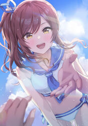 Rule 34 | 1boy, 1girl, absurdres, alternate costume, blush, brown hair, collarbone, commentary, floating hair, foreshortening, highres, idolmaster, idolmaster shiny colors, looking at viewer, momomoi momoi, navel, one eye closed, osaki amana, outdoors, pov, pov hands, reaching, reaching towards viewer, sailor bikini, sailor collar, sailor swimsuit (idolmaster), smile, water drop