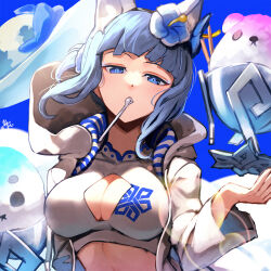 Rule 34 | 1girl, animal ears, bikini, blue eyes, blue hair, cleavage cutout, clothing cutout, fire emblem, fire emblem heroes, floating hat, flower, food, hair flower, hair ornament, highres, jacket, lens flare, long sleeves, looking at viewer, nakabayashi zun, nifl (fire emblem), nifl (summer) (fire emblem), nintendo, official alternate costume, shaved ice, short hair, solo, swimsuit, upper body, utensil in mouth, white bikini